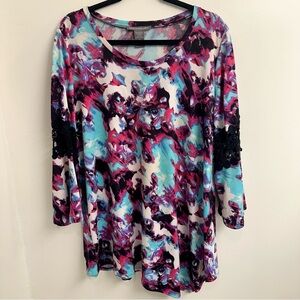 Kate & Mallory Pink Blue Graphic 3/4 Sleeve Tunic SZ 1X Asymmetrical Hem